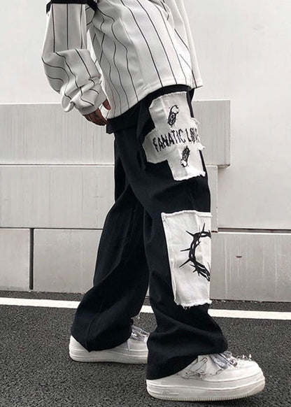 Black High Waist Patchwork Cotton Pants Fall