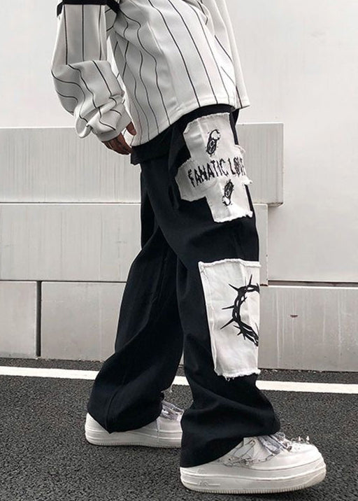 Black High Waist Patchwork Cotton Pants Fall