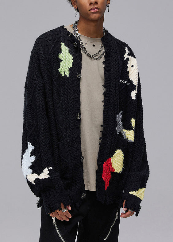 Black Hole Button Pockets Knit Coats Spring