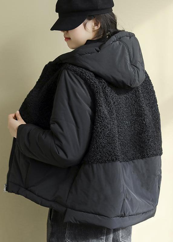 Black Hooded Patchwork Zippered Faux Fur Parkas Winter