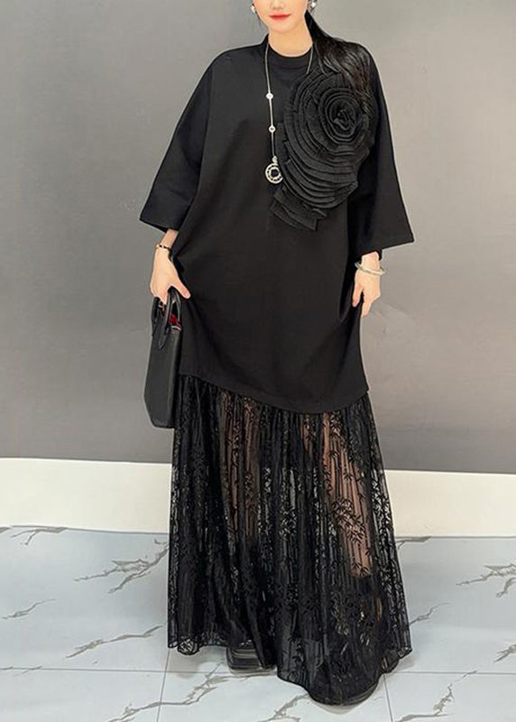 Black Lace Patchwork Maxi Dresses Fall