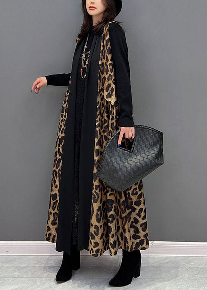 Black Leopard Print Patchwork Chiffon Long Cardigan Sleeveless