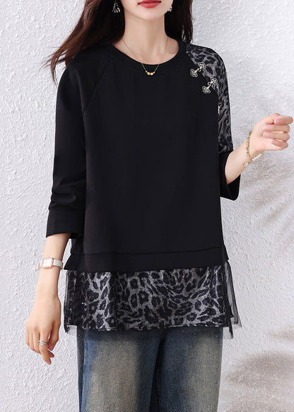 Chic Black Leopard Tulle Patchwork Cotton T Shirts Fall