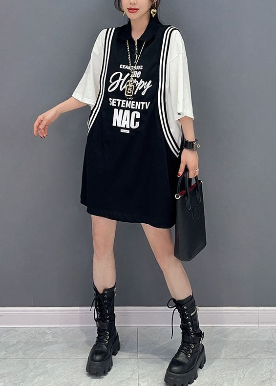 Black Letter Print Patchwork Cotton Sport Mid Dress Summer