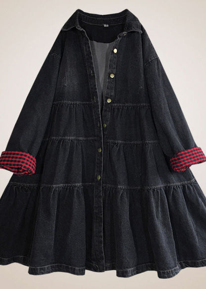 Black Loose Button Patchwork Fall Trench Coats Dress
