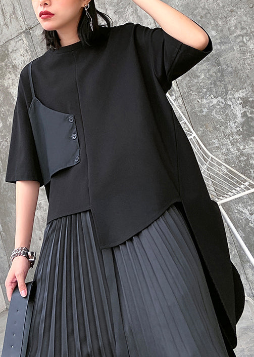 Black O-neck Asymmetrical Patchwork Cotton T Shirt Top Summer