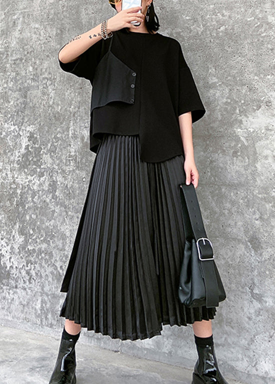 Black O-neck Asymmetrical Patchwork Cotton T Shirt Top Summer