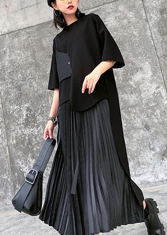 Black O-neck Asymmetrical Patchwork Cotton T Shirt Top Summer