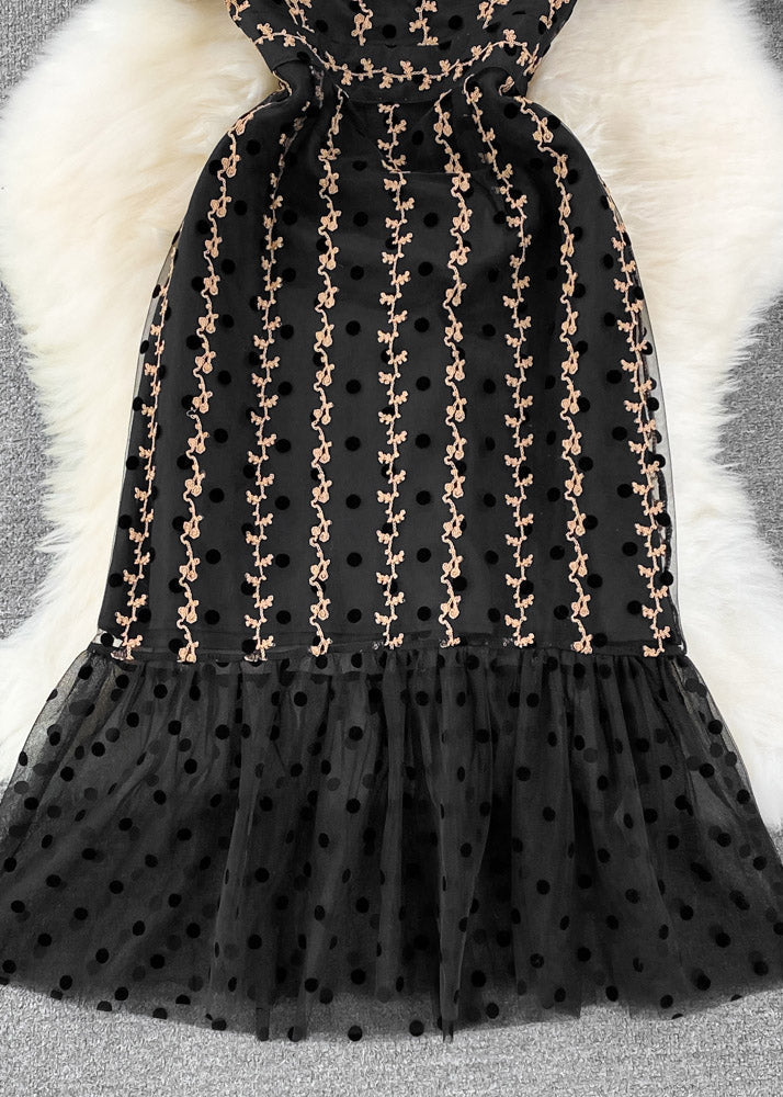 Black O-neck Dot Ruffled Tunic Tulle Long Fishtail Dress Short Sleeve