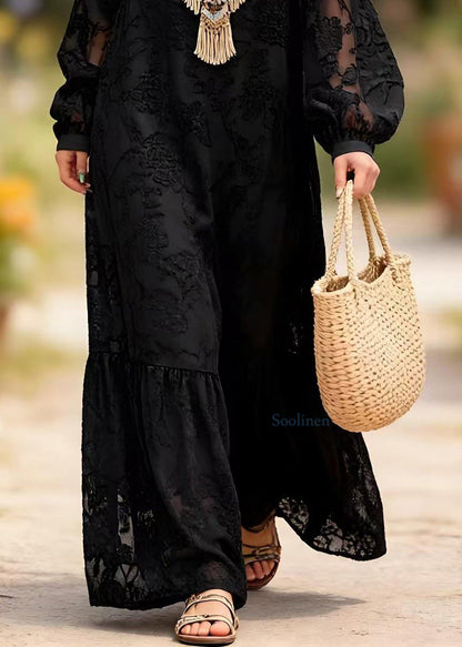 Black O Neck Embroidered Lace Long Dress Spring