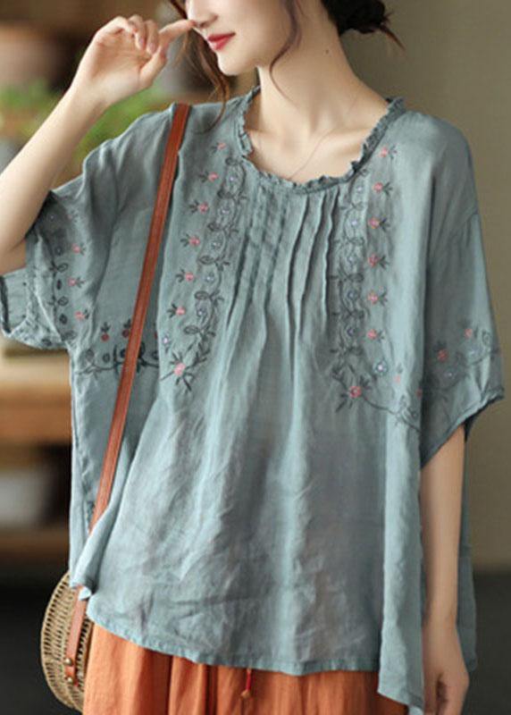 Black O-neck Embroideried Summer Ramie Half Sleeve