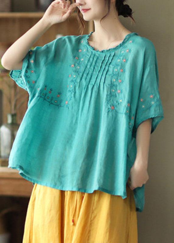 Black O-neck Embroideried Summer Ramie Half Sleeve
