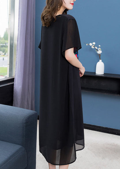 Black O Neck Patchwork Chiffon Mid Dress Summer