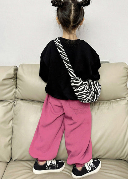 Black O-neck Kids Fleece Sweatshirt and Lantern Pants Two Pieces Set Spring