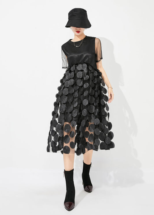 Black O-neck Patchwork Exra Large Hem Tulle Vacation Dress Summer