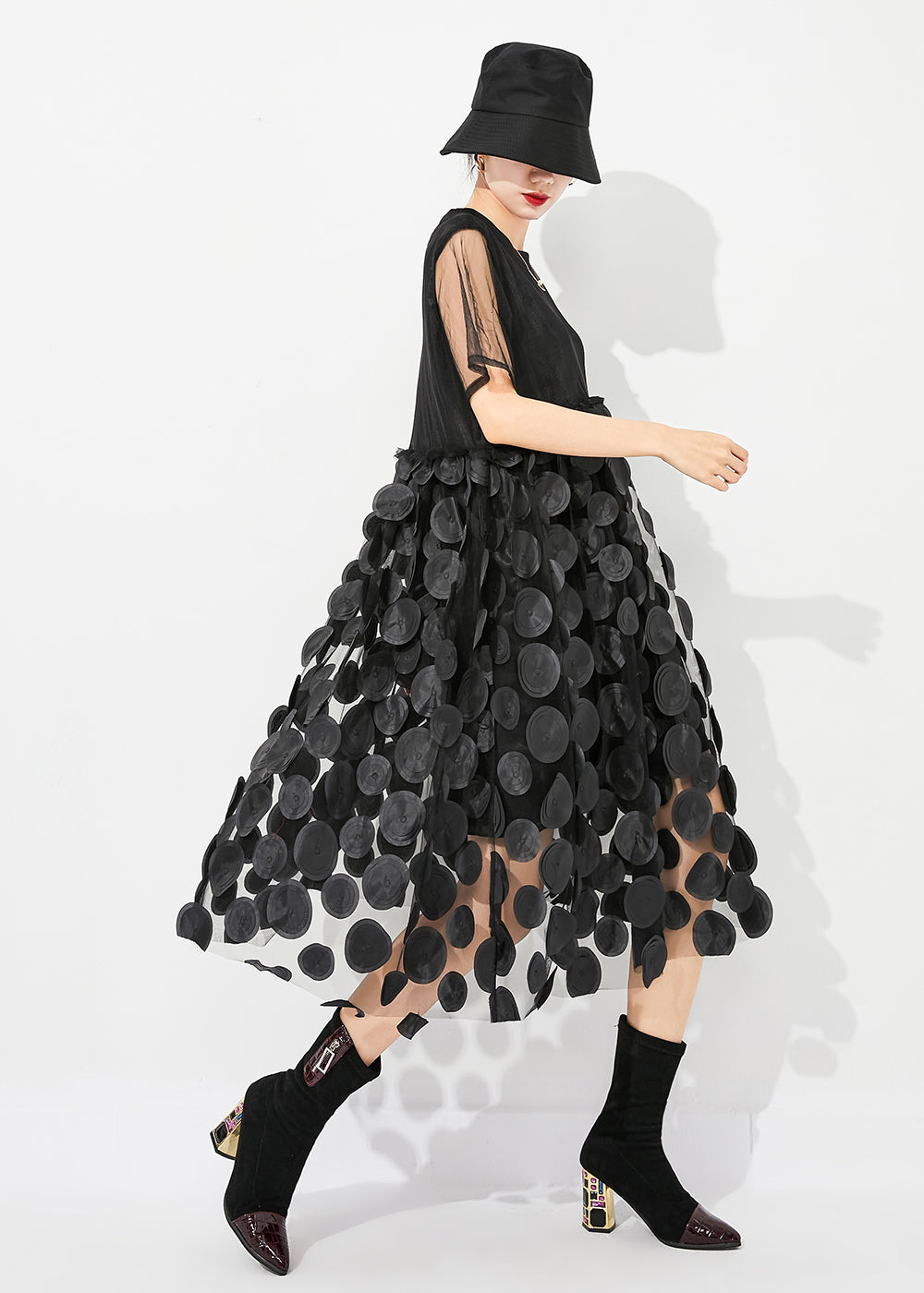 Black O-neck Patchwork Exra Large Hem Tulle Vacation Dress Summer