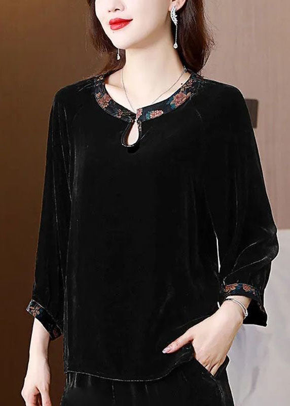 Black O Neck Patchwork Silk Velour Shirts Top Spring