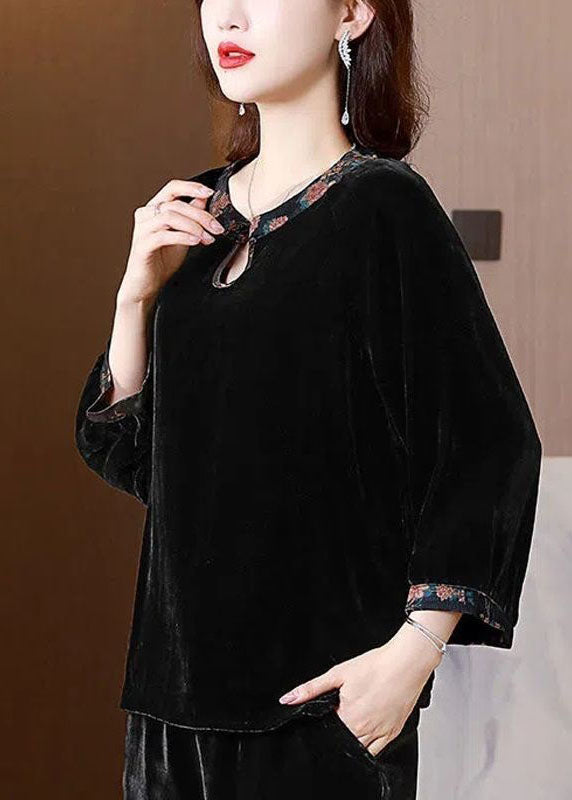 Black O Neck Patchwork Silk Velour Shirts Top Spring