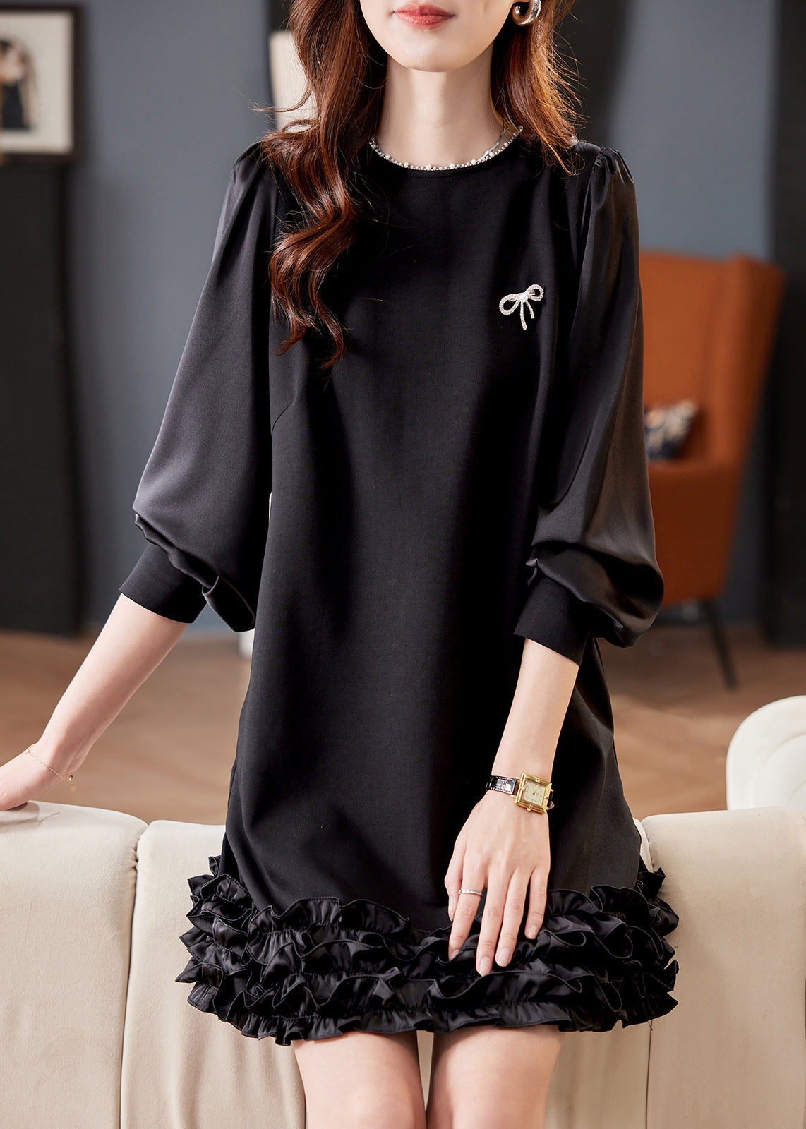Black O Neck Pearl Ruffled Cotton Mid Dress Spring