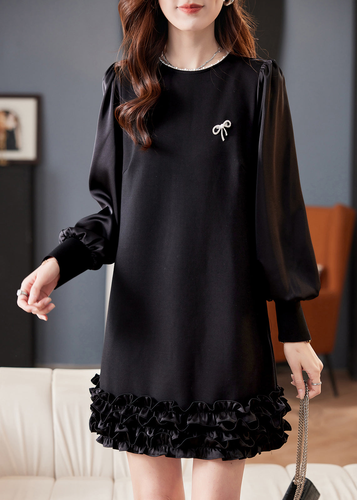 Black O Neck Pearl Ruffled Cotton Mid Dress Spring
