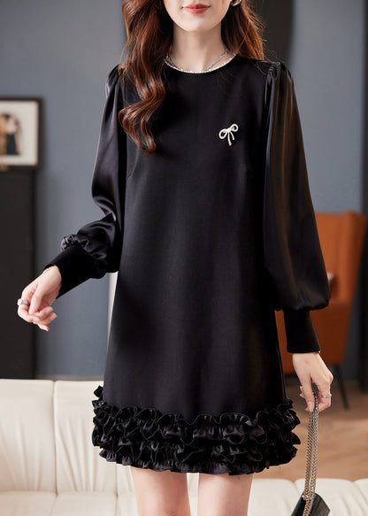 Black O Neck Pearl Ruffled Cotton Mid Dress Spring