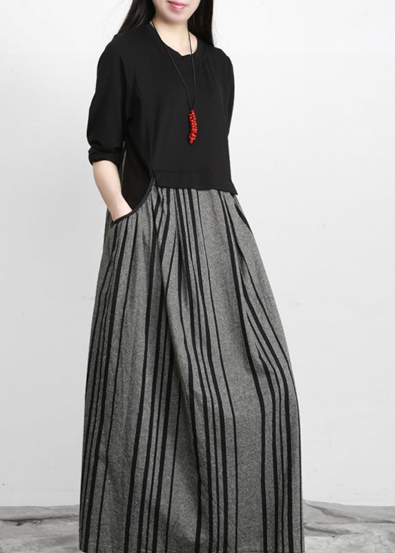 Black O-neck Pockets Striped Patchwork Linen Holiday Dress Long Sleeve