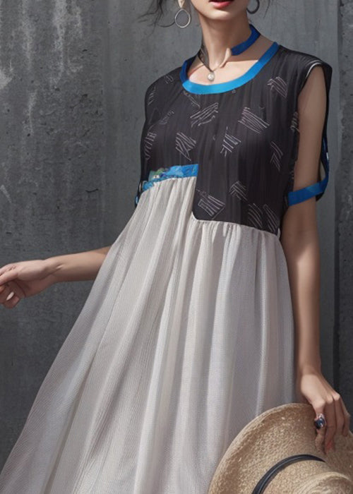 Black O Neck Print Patchwork Silk Dresses Summer