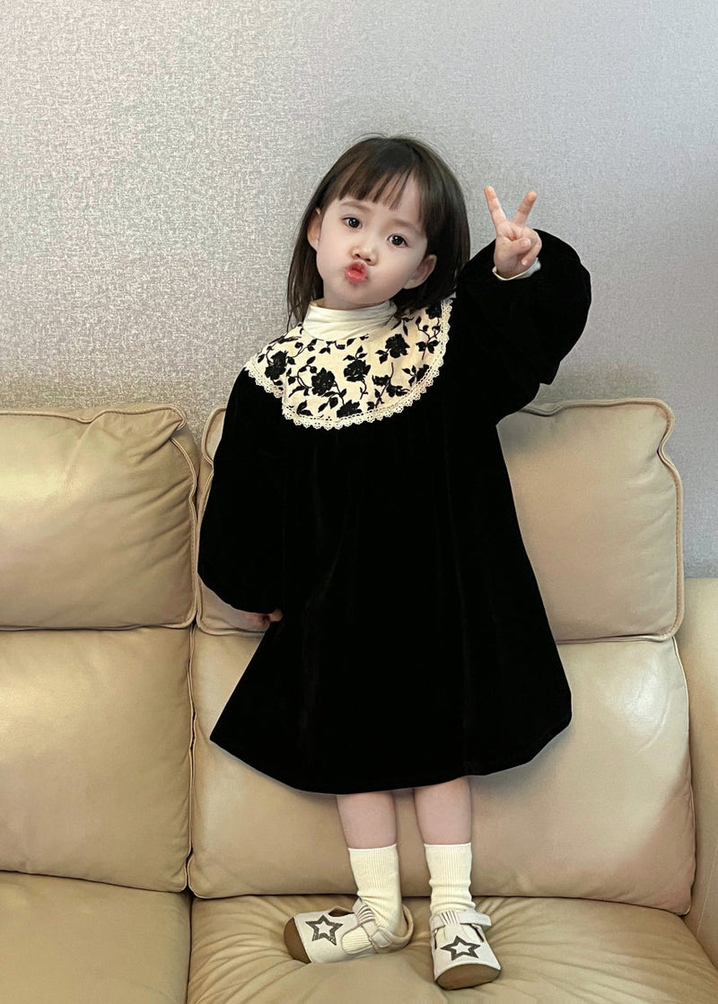 Black O Neck Print Wrinkled Velour Baby Dress Fall