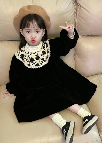 Black O Neck Print Wrinkled Velour Baby Dress Fall