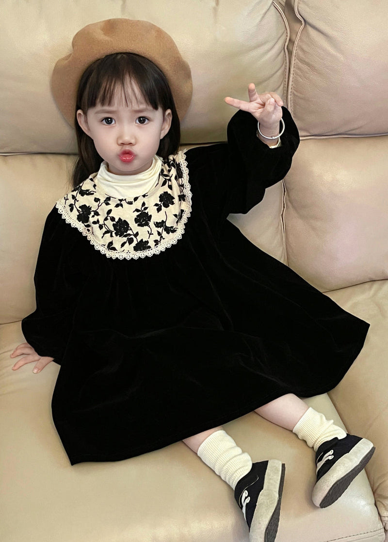 Black O Neck Print Wrinkled Velour Baby Dress Fall