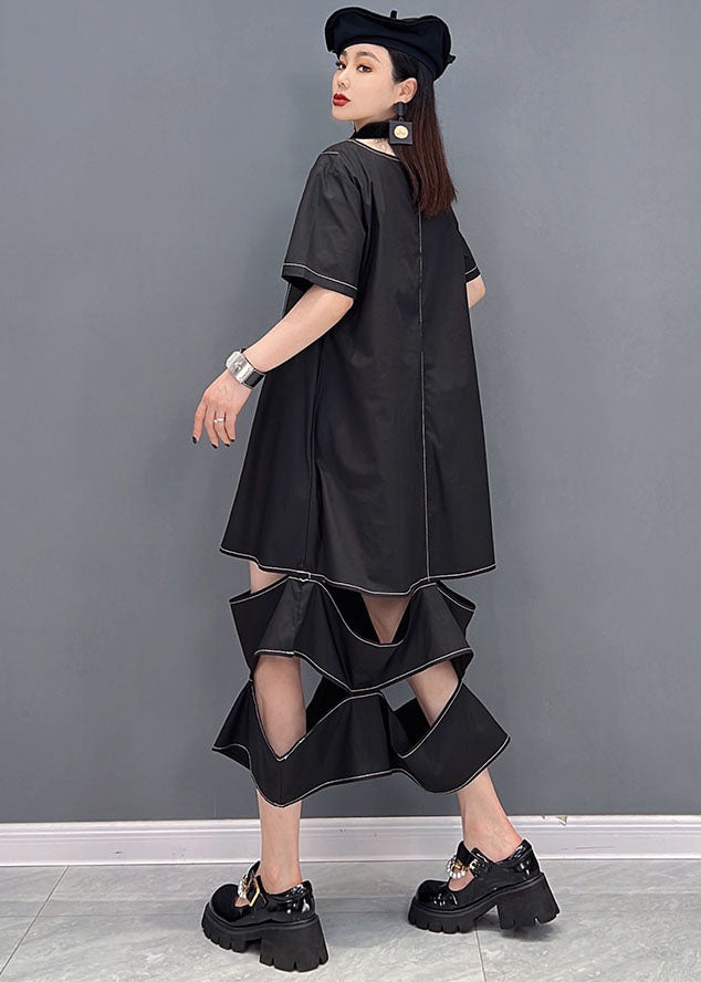 Black O-neck Ripped Patchwork Long Dress Short Sleeve