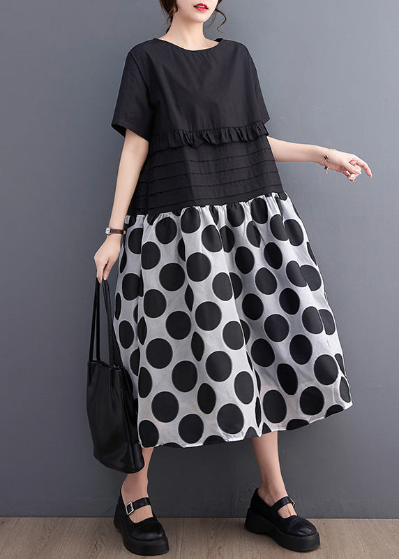 Black O-neck Ruffled Patchwork Print Dot Maxi Dress Short Sleeve