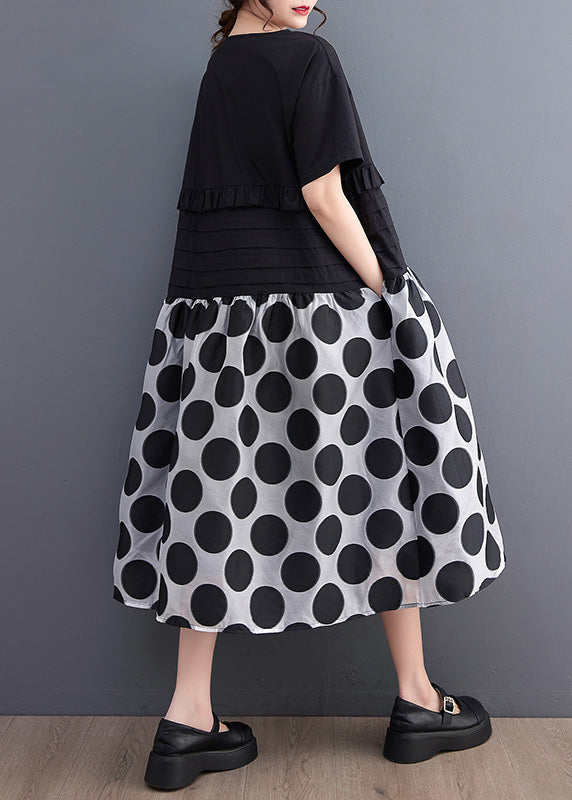 Black O-neck Ruffled Patchwork Print Dot Maxi Dress Short Sleeve