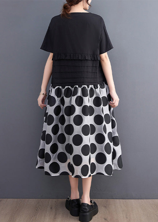 Black O-neck Ruffled Patchwork Print Dot Maxi Dress Short Sleeve