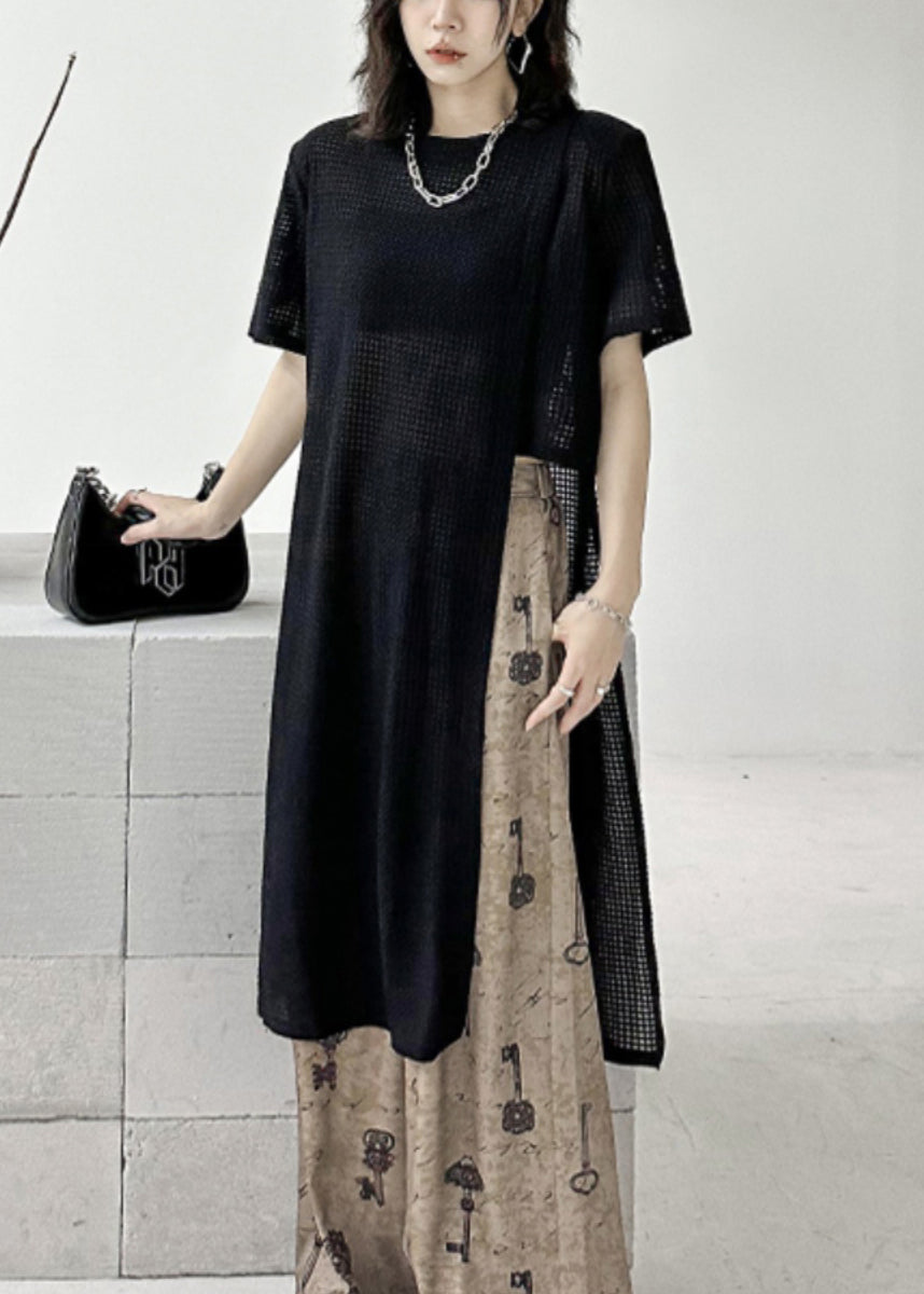 Black O Neck Side Open Patchwork Cotton T Shirt Tops Summer