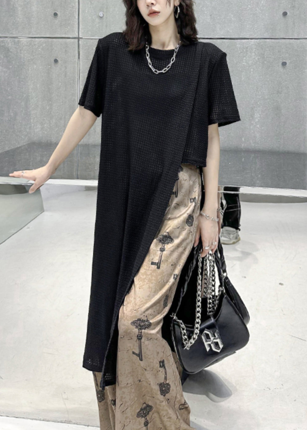 Black O Neck Side Open Patchwork Cotton T Shirt Tops Summer