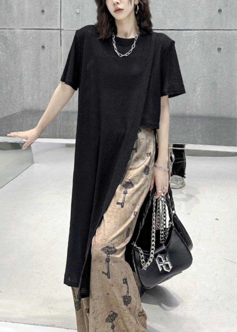 Black O Neck Side Open Patchwork Cotton T Shirt Tops Summer