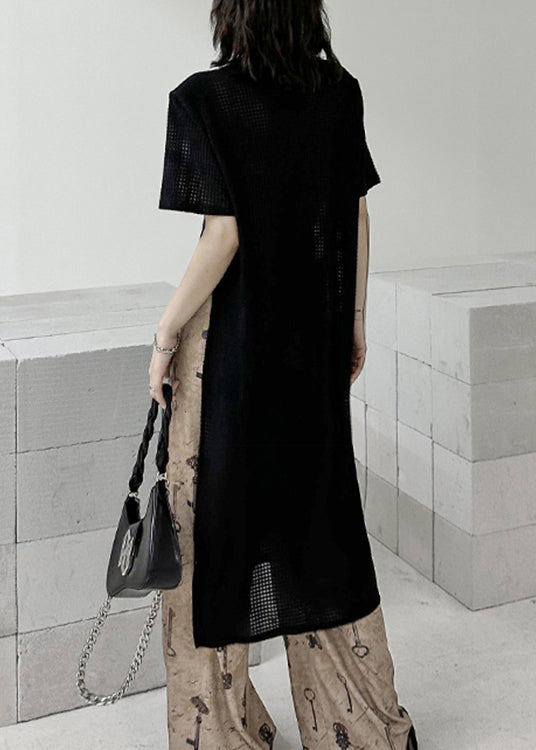 Black O Neck Side Open Patchwork Cotton T Shirt Tops Summer