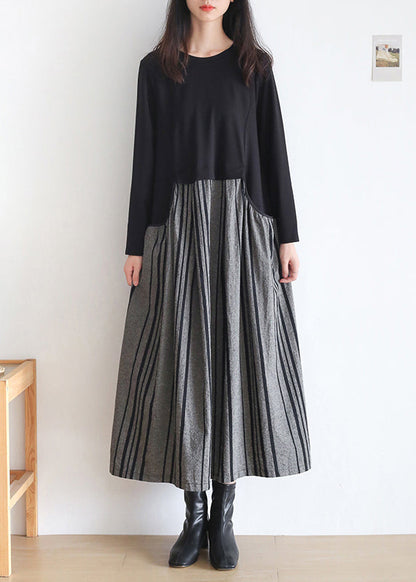Black O-neck Striped Patchwork Pockets Long Dresses Long Sleeve