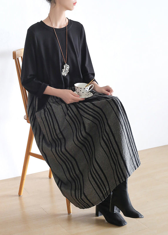 Black O-neck Striped Patchwork Pockets Long Dresses Long Sleeve