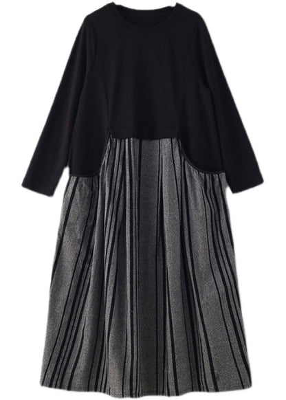 Black O-neck Striped Patchwork Pockets Long Dresses Long Sleeve