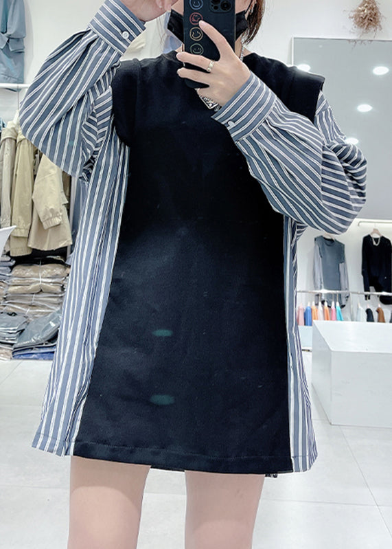 Black O-neck Striped Patchwork Sweatshirts Spring