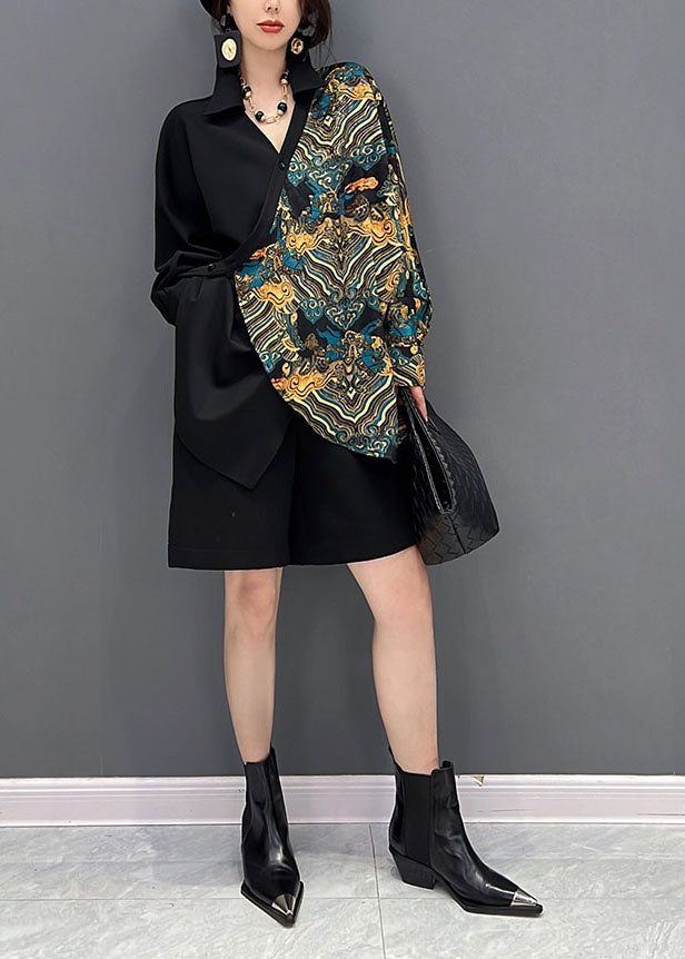 Black Oversized Asymmetrical Design Print Shirt Spring