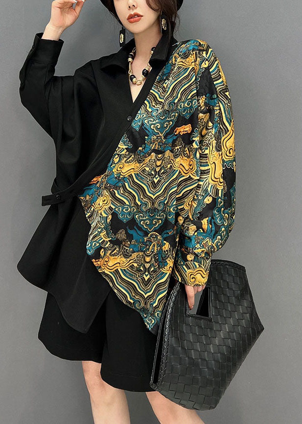 Black Oversized Asymmetrical Design Print Shirt Spring