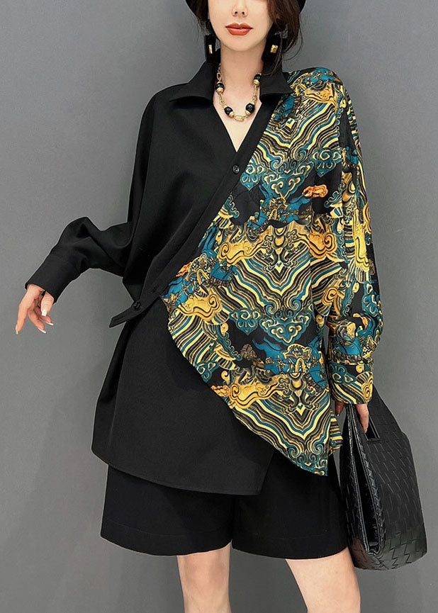 Black Oversized Asymmetrical Design Print Shirt Spring