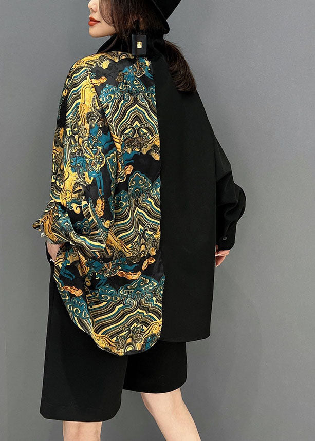Black Oversized Asymmetrical Design Print Shirt Spring