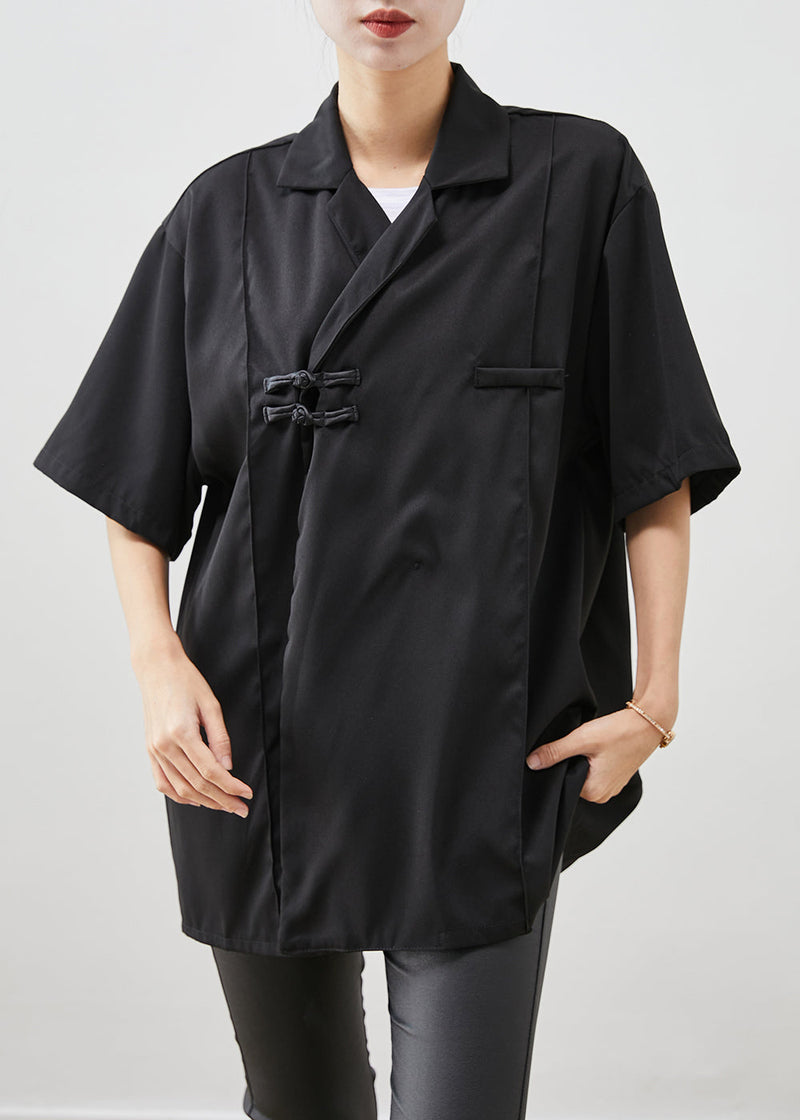 Black Oversized Chinese Button Cotton Shirt Short Sleeve
