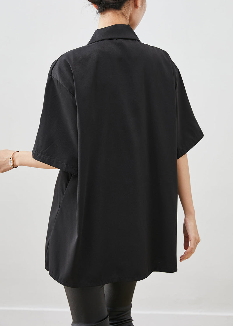 Black Oversized Chinese Button Cotton Shirt Short Sleeve