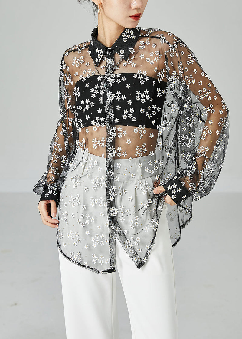 Black Oversized Daisy Tulle Shirts Summer