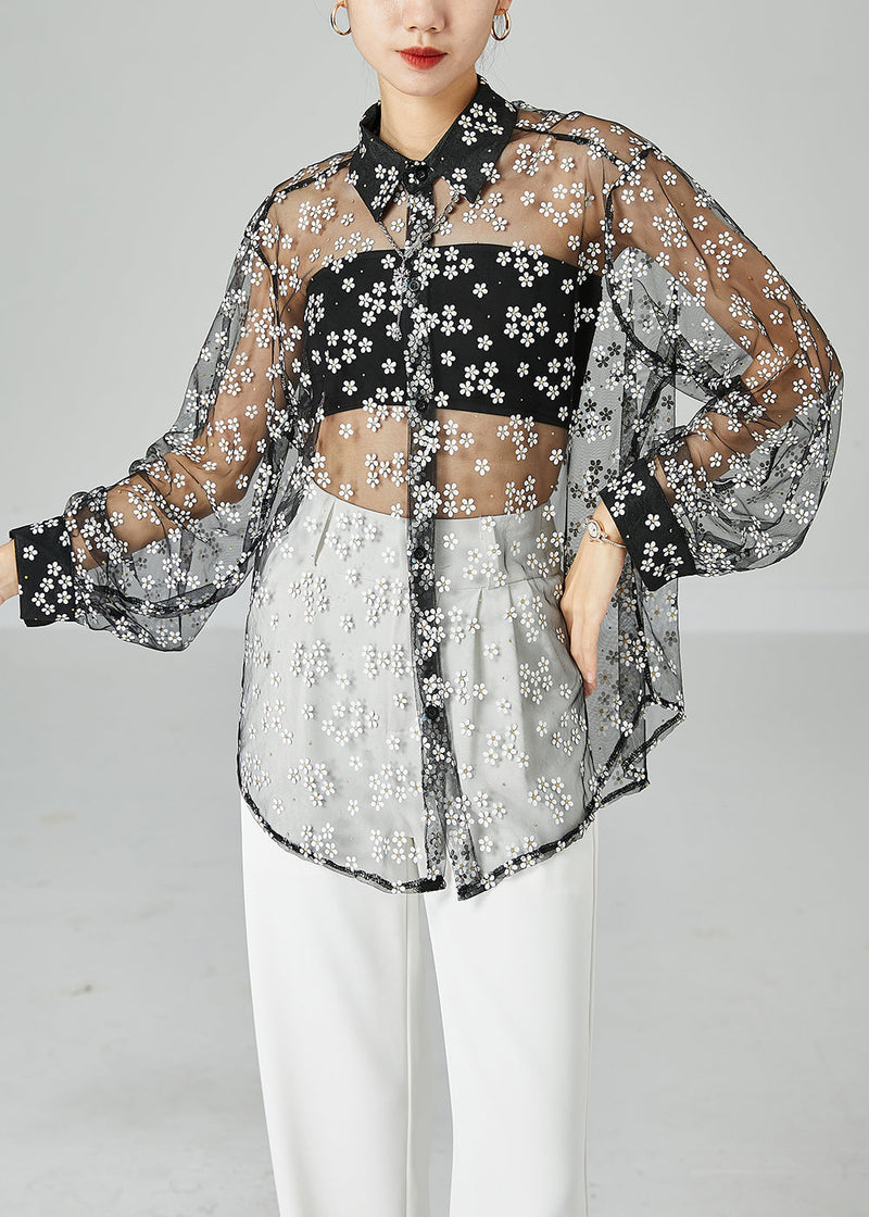 Black Oversized Daisy Tulle Shirts Summer